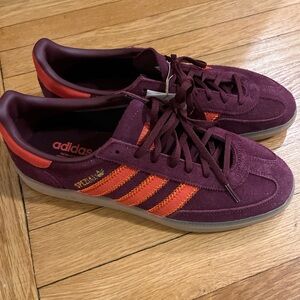 adidas Gazelle/Spezial Suede Sneakers in Burgundy with Orange Stripes